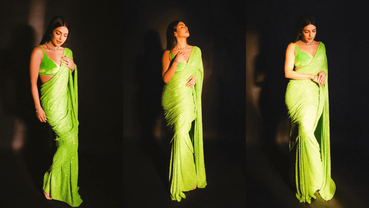 Desi Girl Looks Stunning In Neon Green Saree