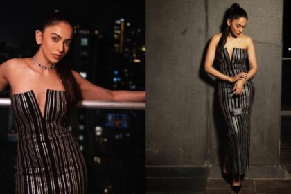 Rakul Preet Singh Looks Blazing In Dark Floor-Length Outfit With Silver Stripes And High Tail