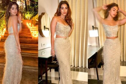 Pooja Hegde Charms The Room In A Glimmering Naked Hued Strapless Top And Matching Skirt