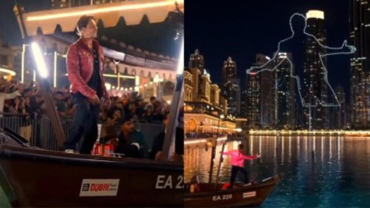 Shah Rukh Khan Performs His Signature Posture As Robots Light Up Dubai Skies During Dunki Promotions.