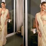 Tara Sutaria’s Golden Decorated Arpita Mehta Saree With Bandeau Shirt Is The Response To All Your Wedding Needs