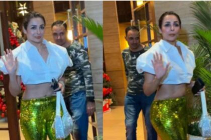 Malaika arora Slays New Year Eve Fit With Shimmery Green Pants, White backelss Crop Top.