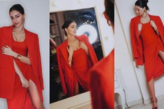 Formal Elegance At Its Finest Can Be Seen In Ananya Panday’s Fiery Red Corseted Top, Ruched Skirt, And Oversized Blazer