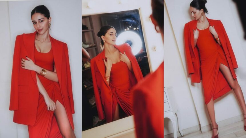 Formal Elegance At Its Finest Can Be Seen In Ananya Panday’s Fiery Red Corseted Top, Ruched Skirt, And Oversized Blazer